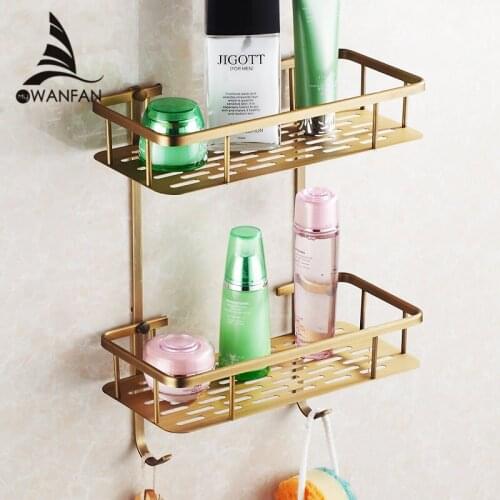 VidricShelves 2 Tier Black Brass Kitchen Bathroom Shelf Towel Hook Shower Storage Basket Home Deco Accessory Rack HJ-824