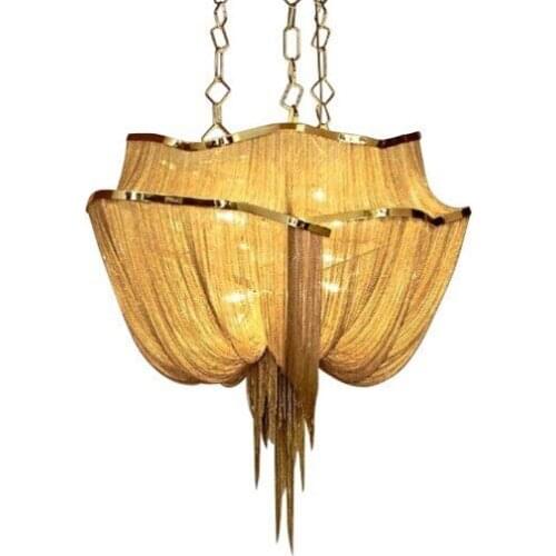 French Aluminum Chain Tassel Chandelier Light Fixture Empire Vintage Hanging Suspension Lustre Chain Pendant Lamp Drop Light