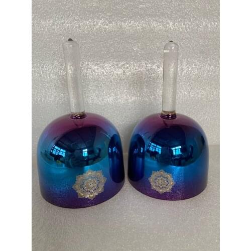 2 pcs crystal singing handle bowls shinny mixed color 528Hz for sound healing with 1 pc rubber mallet