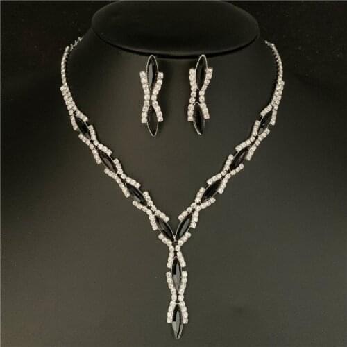 Wholesale Black Leaf Wedding Jewelry Sets Charm White Crystal Choker Necklace Earrings Set Bridal Jewelry Sets Women Accessories