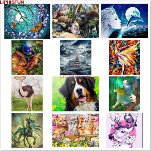 LIPHISFUN Handmade Cross Stitch Embroidery Diamond Painting Full Drill Home Decor Square/round animal dog bear flower
