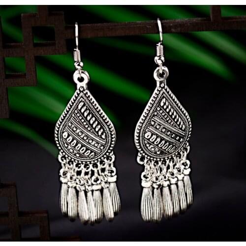 Trendy Ethnic Womens Jhumka Jhumki Earrings Vintage Silver Color Tassel Indian Jewelry Ladies Leaf Dangle Earrings Oorbellen