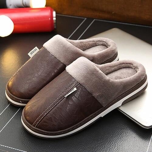Mens Leather Slippers High Quality Warm Home Winter slipper for Men Waterproof platform Cozy slippers for women