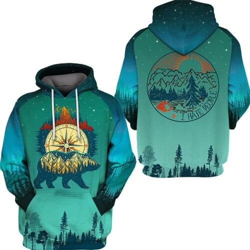 Walking bear soul catcher print green casual hooded sweatshirt