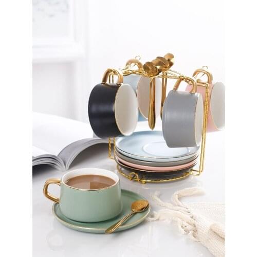 Nordic Ceramic Coffee Cup Simple Six color Coffee Cup Set with Saucer and Spoon Porcelain Golden Edge Tea Cup English afternoon