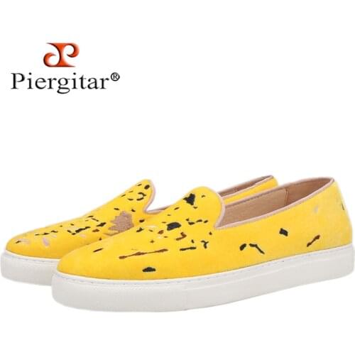 Piergitar Luxurious Velvet Men Sneakers Handcrafted Embroidery Sporty Style Mens Casual Shoes White Rubber Sole Leather Insole