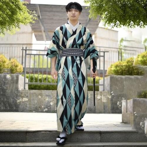 Traditional Men Kimono Robe Gown Print Japanese Samurai Cosplay Costumes Casual Kimonos+Belt Yukata Dress Loose Male Vestidos