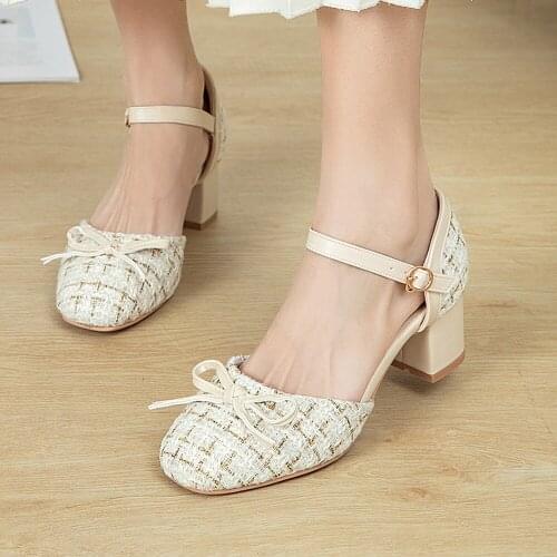 Bowknot Tweed Fabric European Fresh Style Fashion Pumps Thick Heel Square Toe Buckle Sweet Beauty Shoes 2021 Spring And Summer