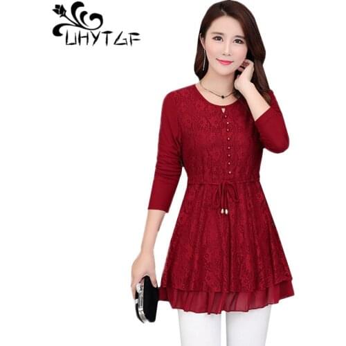 UHYTGF top female long-sleeved lace casual spring autumn t-shirt women single-breasted pullover slim elegant women shirt 4XL1004