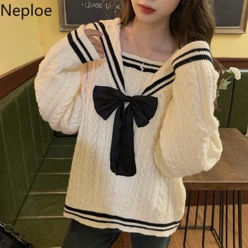 Neploe Vintage Sweaters for Women 2021 Winter Clothes Woman Preppy Style Knitted Pullovers Oversized Outwear Bow Sueter Tops