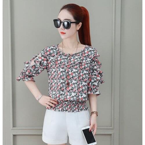 Womens Spring Summer Style Chiffon Blouses Shirt Womens Off Shoulder O-neck Printed Half Sleeve Casual Tops SP066