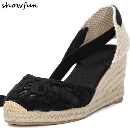 Womens summer wedge sandal canvas ankle tie leisure sandals high quality comfort female footwear elegant ladies high heel shoes