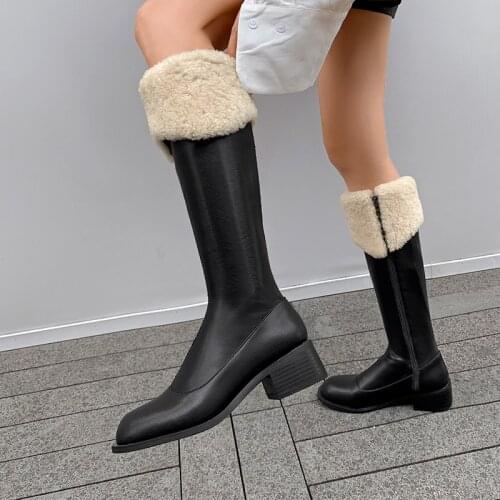 Pop Vogue Zipper Knee High Boots Women Soft Pu Leather Thick High Heels Long Boots Autumn Winter Woman Shoes Size 33-40