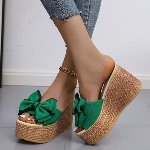 Autumn Big Butterfly-knot Women Slippers Slides Wedges Super High 8cm Heel Thick Flat Platform Solid Casual Fashion Shoes
