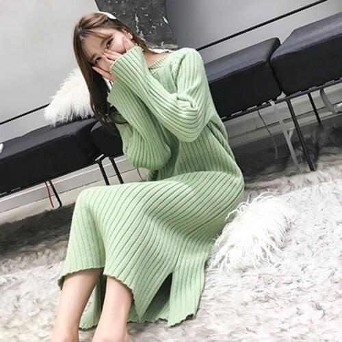 Women Winter Knit Dresses 2019 Europe Long Sleeve O-collar Casual Loose Warm Maxi Sweater Dress Plus Size Womens Clothing
