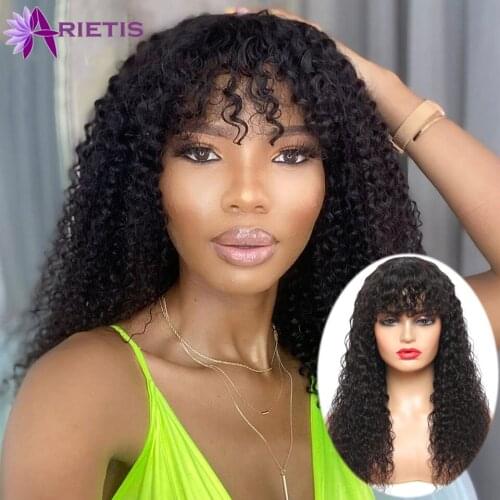 18 20 22 24 Inches Curly Human Hair Wigs With Bangs Indian Remy Full Machine Made Wig For Black Women Natural Wig Fast Shipping