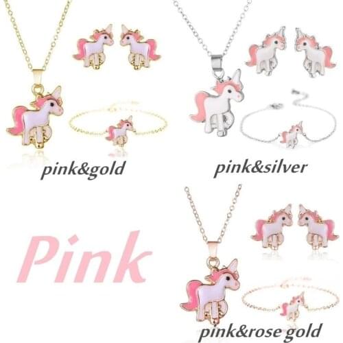 4pcs/set Necklace Earrings Cartoon Unicorn Necklace Earring Jewelry Pink Girls Gift Jewelry Jewelry Earring and Necklace Set