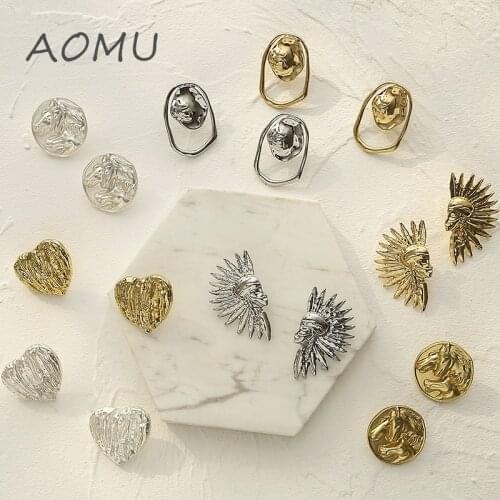 AOMU 2020 Vintage Hyperbole Irregular Mask Portrait Heart Geometric Round Metal Hollow Stud Earrings for Women Punk Party Gifts