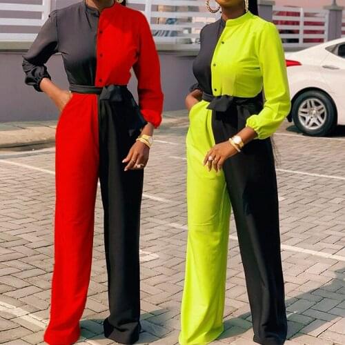 BKLD Women Clothing 2021 Autumn New Fashion Patchwork Casual Jumpsuit High Waisted Wide Leg Pants One Piece Outfit Clubwear