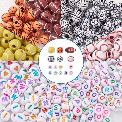630pcs Opaque Acrylic Beads Mixed Letter Bead Baseball Volleyball Rugby Basketball Sports Ball Loose Spacer Bead for DIY Jewelry