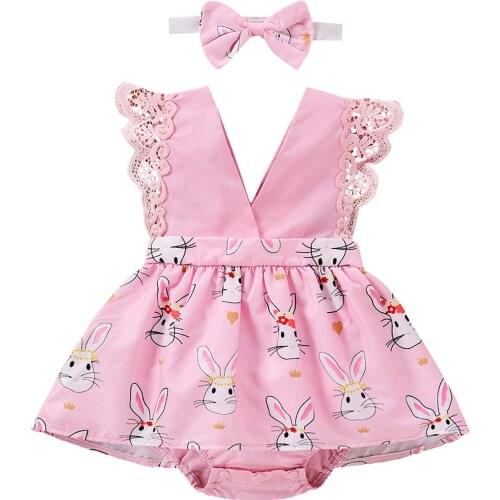Toddler Cartoon Printing Two-pieces Summer Easter Set Infant Baby Girls V-collar Sleeveless Bodysuit Skirts bow Headband Set