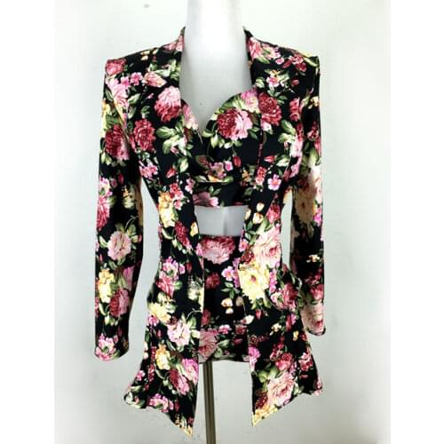 Denim print Bra Shorts coat Outfit Set Women Singer DJ ds jazz Dancer Wear 3-piece set Stage Wear Birthday Party rave clothes