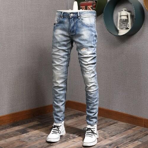 Italian Style Fashion Men Jeans Retro Light Blue Elastic Slim Fit Ripped Jeans For Men Vintage Designer Casual Denim Pants Homme