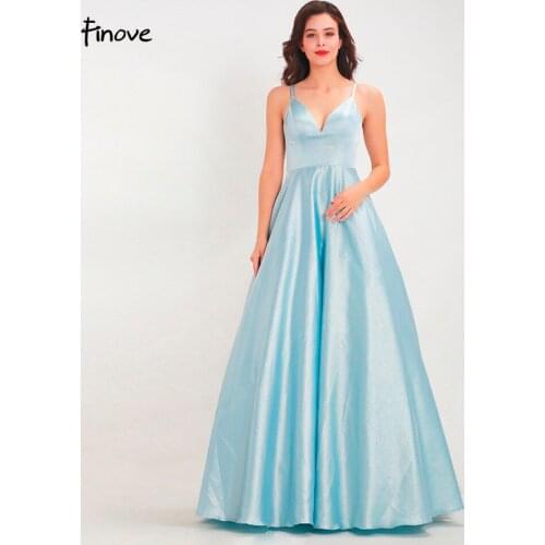 Finove Simple Long Prom Dresses 2020 Blue Satin Sexy Spaghetti Strap Backless A Line Formal Dress Gowns Vestido De Fiesta