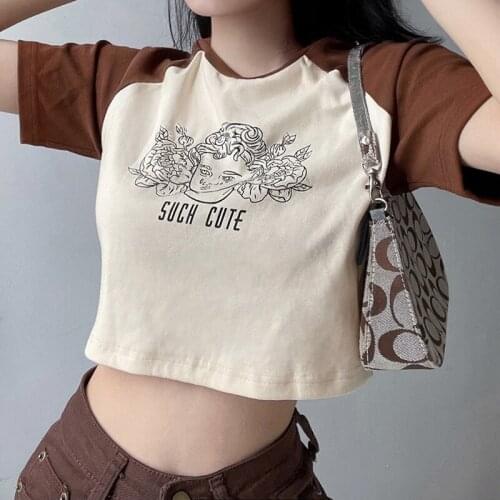 Women’s Summer Short Sleeve T-shirts Fashion Abstract Figures Printed Loose Exposed Navel Tops Ladies Casual Basic Tees