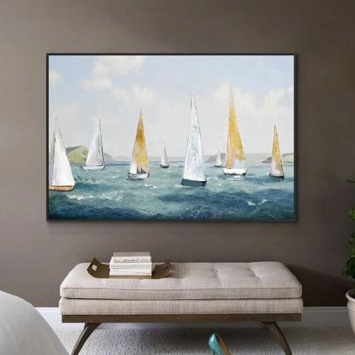 Oil Painting Sailboat Sea Landscape On Canvas Handmade Paintings Large Salon Decoration Hand Painted Abstract Wall Art Picture