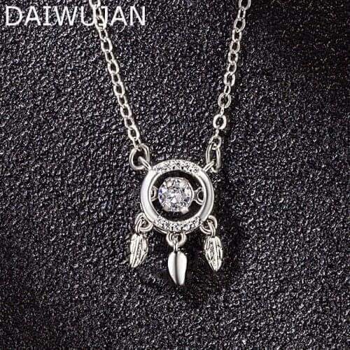 DAIWUJAN Classic Zircon Circle Round Silver Chain Necklace Crystal Rose Gold Color Feather Pendant Necklaces For Women Jewelry