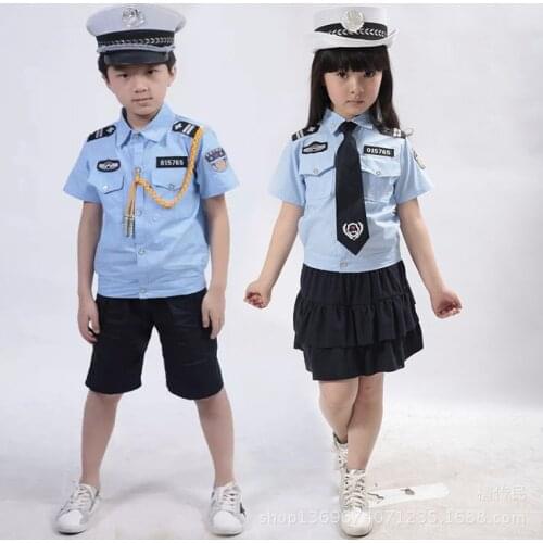 Girls Clothes Set Halloween for Cosplay Costume Stage Performance Pleated Skirt+Police Uniform+cap+tie for Kids Boys