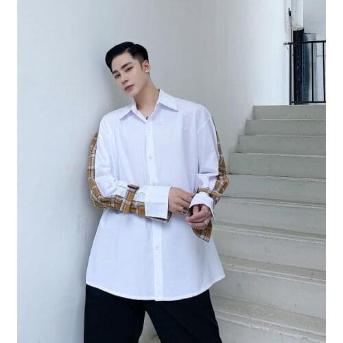 Male Design Loose Long-Sleeved Tops Mens Wear Early Autumn Plaid Print Color Block Patchwork Autumn Shirts for