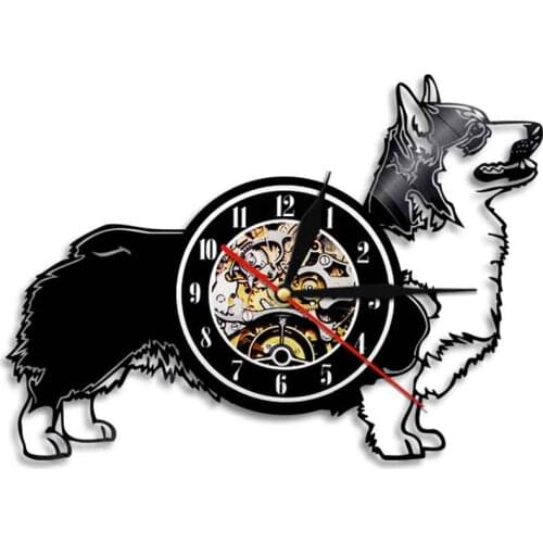 Cardigan Welsh Corgi Dog Vinyl Record Wall Clock Pet Owners Home Decor Wall Watch Corgy Puppy Laser Cut Music Album Wall Clock