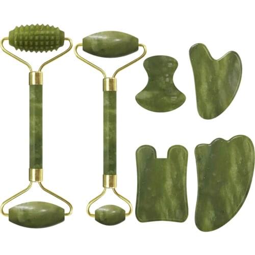 Jade Roller with Gouache Scraper for Facial Massage Beauty Roller Guasha Kit 100% Natural Jade Stone Face Massage Roller Set