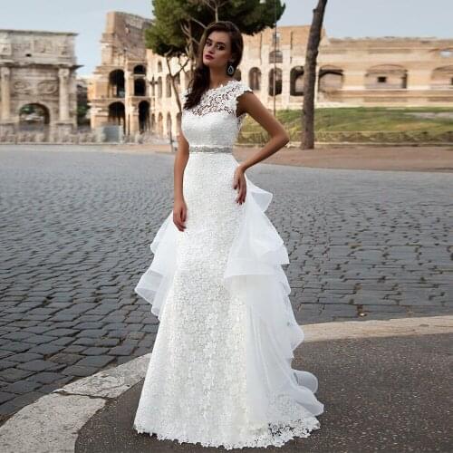 2 in 1 Sheath Wedding Dress Slim-Line Sleeveless Beaded Belt Lace Detachable Train Backless Bridal Gowns Vestidos De Novia