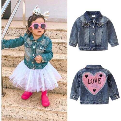 FOCUSNORM Autumn Baby Girls Jacket Coats Blue Denim Sequined Patchwork Pocket Long Sleeve Single Breasted Outwears 0-5Y