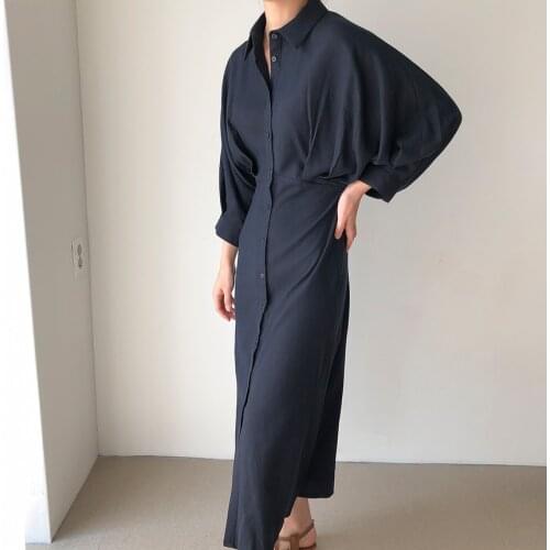 HziriP Single Breasted Women Shirt Dress 2020 New Minimalist Autumn Dress Elegant OL Batwing Sleeve Solid Long Dresses Vestidos
