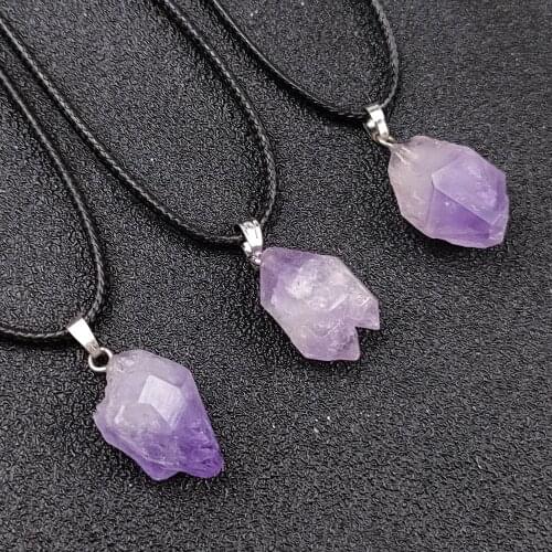 Amethyst Crystal Necklace Raw Purple Druse Stone Drop Pendant Charms Necklace for Women Men Black Rope Chain Wholesale