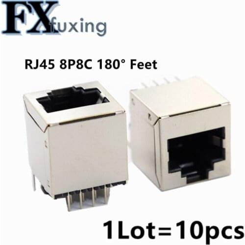 RJ45 Shielded Network Socket With Lamp Straight Leg Crystal Head Interface Network port 8P8C Copper Shell Vertical 180 Degrees