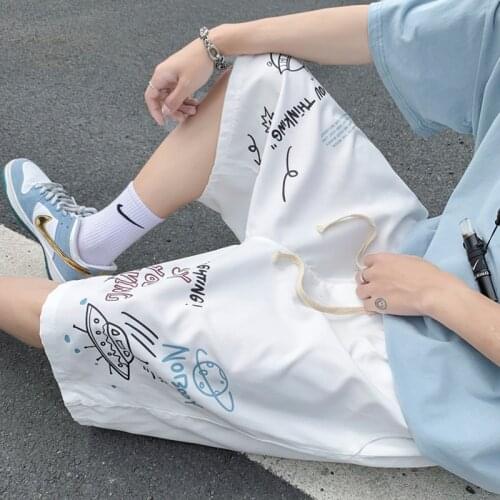 Summer Graffiti Cartoon UFO Print Shorts Men Mid Waist Shorts Cute Harajuku Wide Leg Elastic Boys Casual Pink Loose Sweatpants