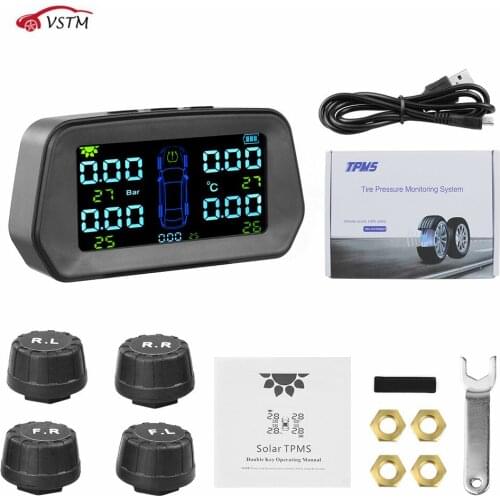 TPMS Tire Pressure Alarm Monitor Solar Power Tyre Pressure Monitoring System with 4 External Sensors Auto Alarm Security