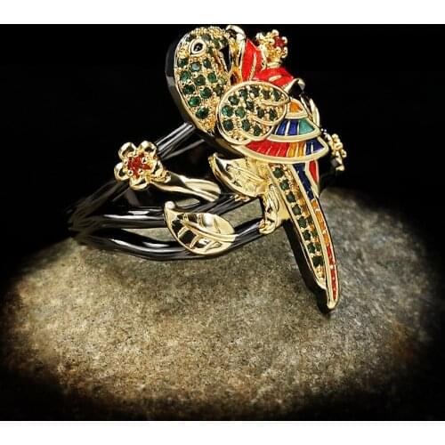 CHARLINLIOL Vintage Trendy Cute Bird Finger Ring Real 925 Silver Ruby Enamel Rings for Women Party Cocktail Collection Jewelry