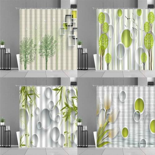 Green Plant Geometry Pattern Shower Curtains Tree Bamboo Leaves Bird Flower Waterproof Fabric Bathroom Curtain Nordic Home Decor
