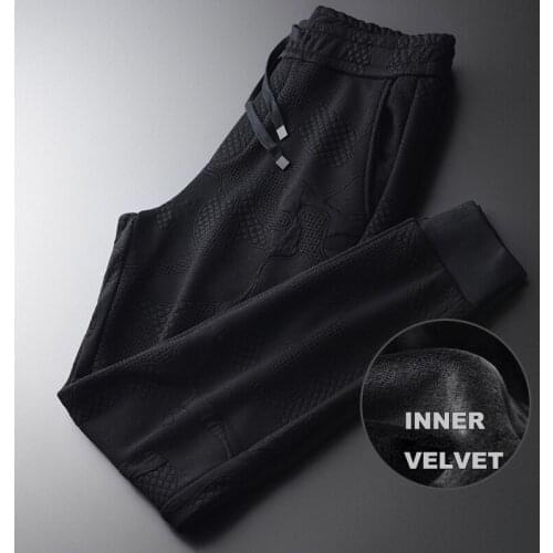 Jacquard Fabric Mens Luxury Add Velvet Black Male Fashion Winter Solid Color Slim Fit Man Pants Plus Size 4XL