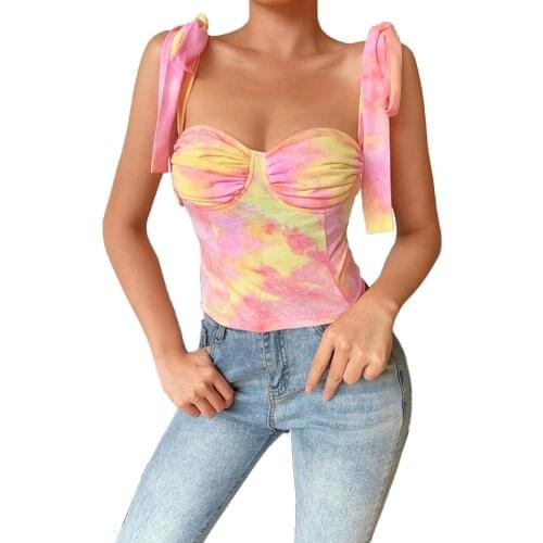 Women Tie Dye Color Sleeveless Bodycon Blouse Camis 2020 New Fashion Tie Up Shoulder Straps Printed Color Camisole Vest Tops