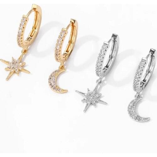 925 Sterling Silver Zircon Star Moon Piercing Stud Earring For Women Jewelry Pendientes Accessories eh985