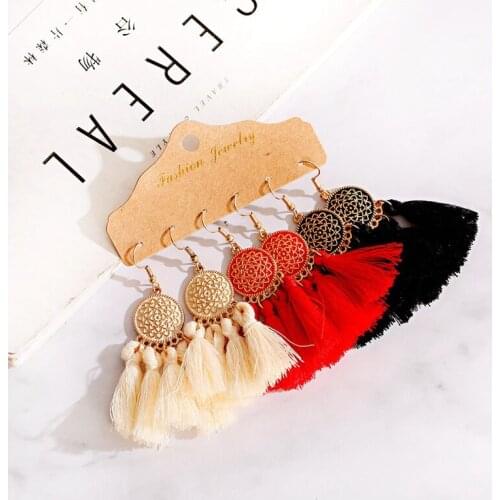 3Paris/Lot Summer Cotton Tassel Boho Dangling Earrings For Women Vintage Flower Carved Alloy Earrings Female Kolczyki