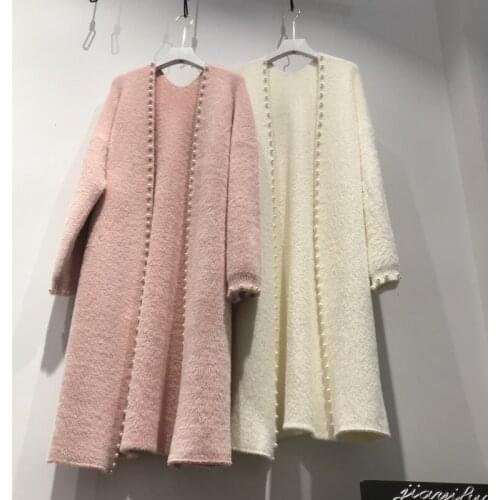 2021 new design womens loose casual beading mohair wool knitted midi long sweater cardigan coat casacos solid color