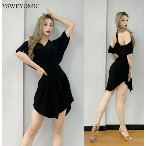 Latin Dance Costume Women Short Front Beautiful Back Sexy one-piece Dance Skirt Black Practice Salsa Latin Dance Dress L358